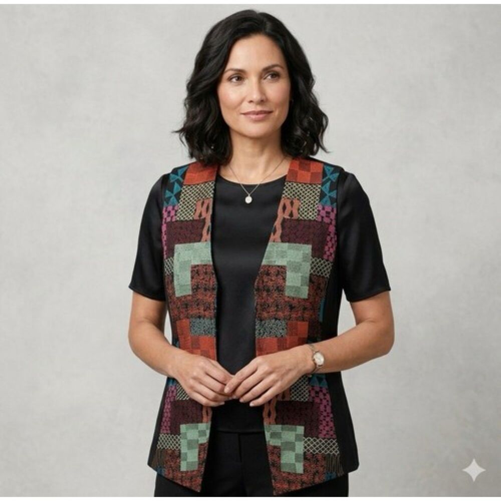 Chicos Embroidered Patchwork Vest Womens 0 Sz S 4-6 Artsy Boho Hippie Festival